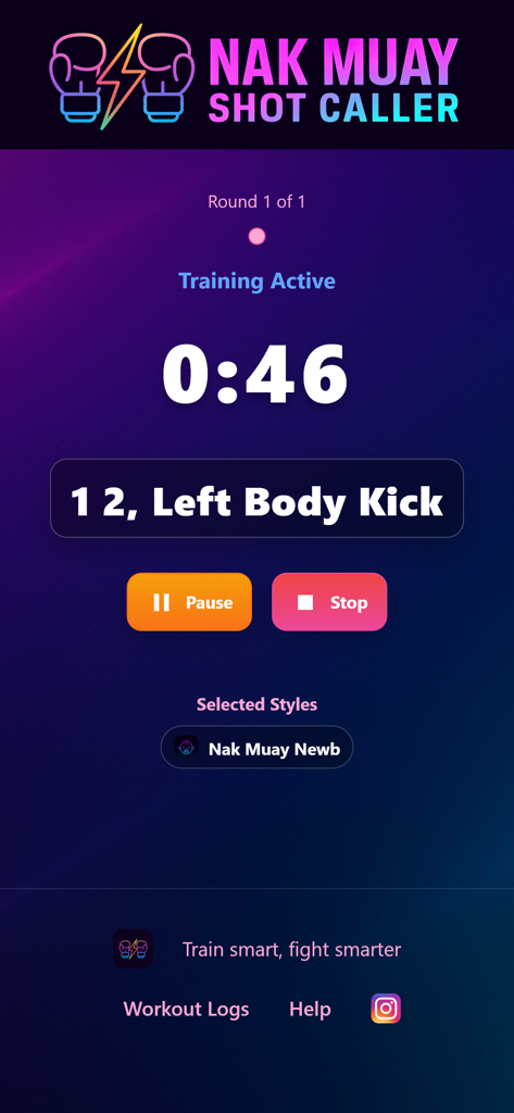 Shot Caller Nak Muay - Pantalla de la aplicación de entrenamiento de Muay Thai que muestra un temporizador de entrenamiento activo y una llamada de combinación de golpes.