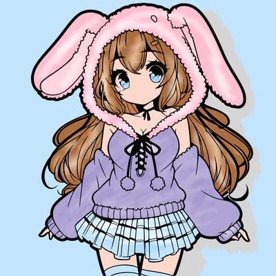 pretty anime girl wearing a fluffy hoodie with bunny ears on the hood and a skirt