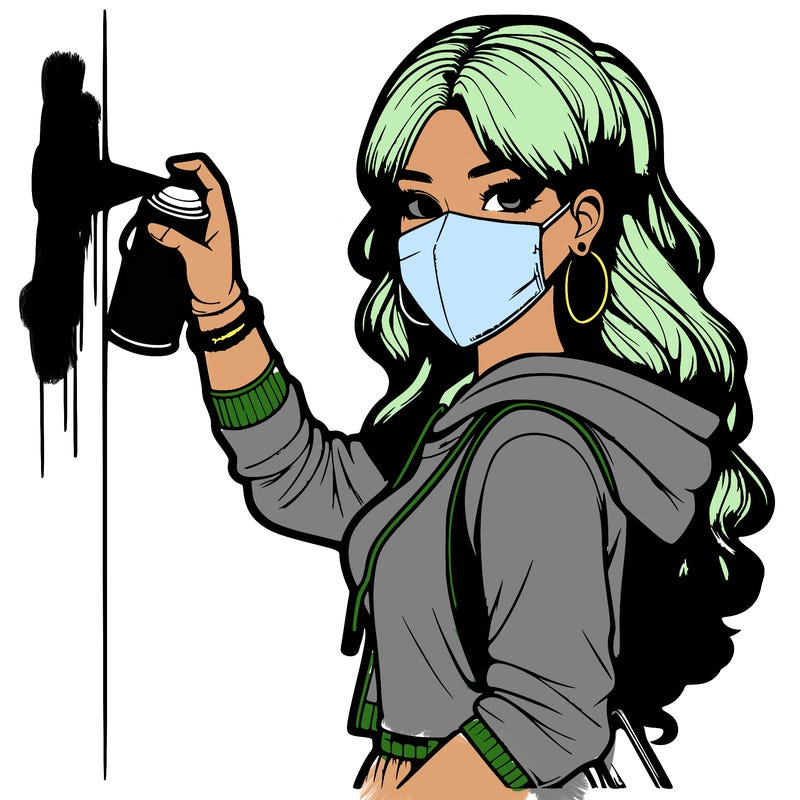 realistic girl with mask spray painting a wall