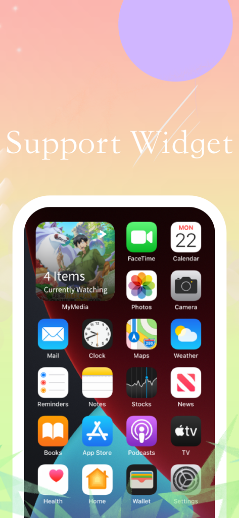 MyMedia- Track And Record Mate - MyMedia App-Widget auf dem Startbildschirm eines iPhones, das aktuell angesehene Elemente anzeigt