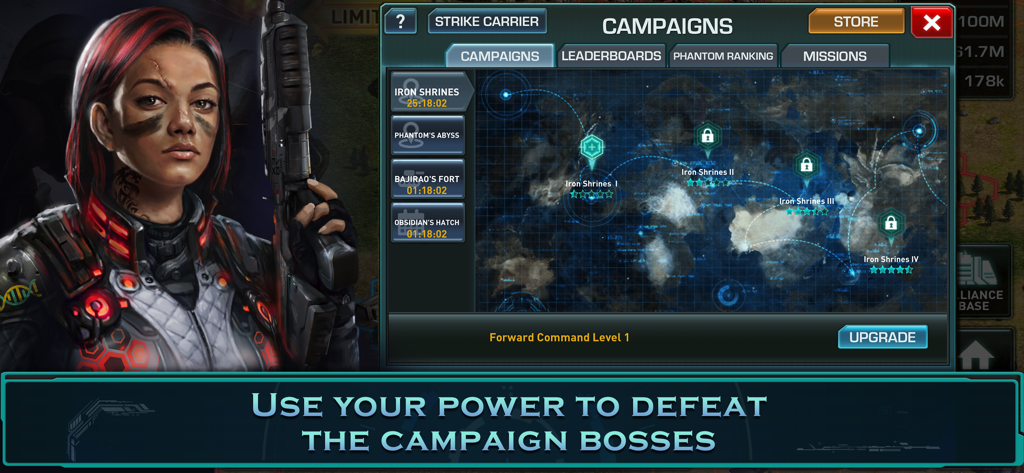 War of Nations: PvP Conflict - Uma comandante feminina em pé perto do mapa mundial em modo de campanha