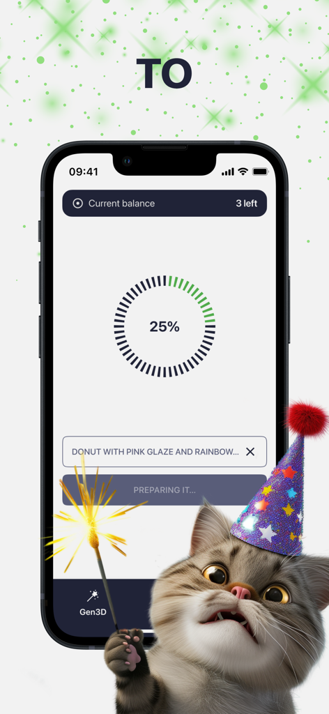 A mobile app screen showing a 25 percent progress circle for generating a 3D donut model with a cute cat character holding a sparkler.