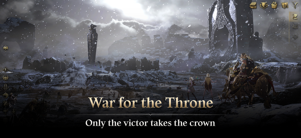 Legend of YMIR - Uma paisagem cinematográfica nevada em Legend of YMIR apresentando ruínas nórdicas e o texto 'War for the Throne' ('Guerra pelo Trono')