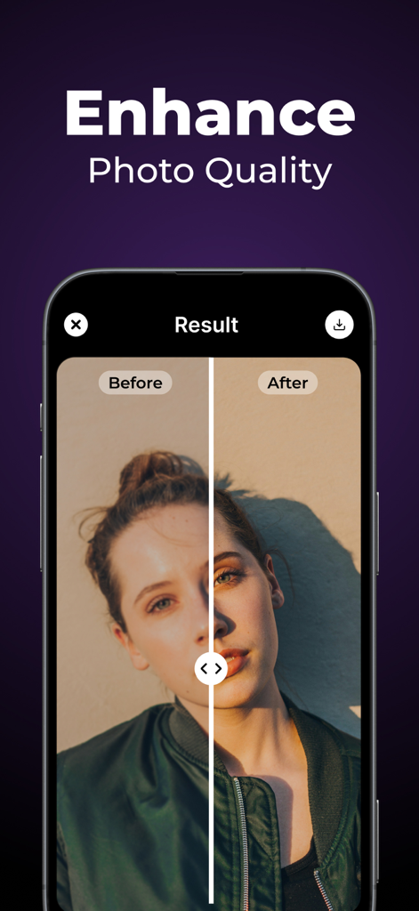 Pixelate - AI Photo Enhancer - Before and after comparison of a portrait enhanced by Pixelate AI Photo Enhancer