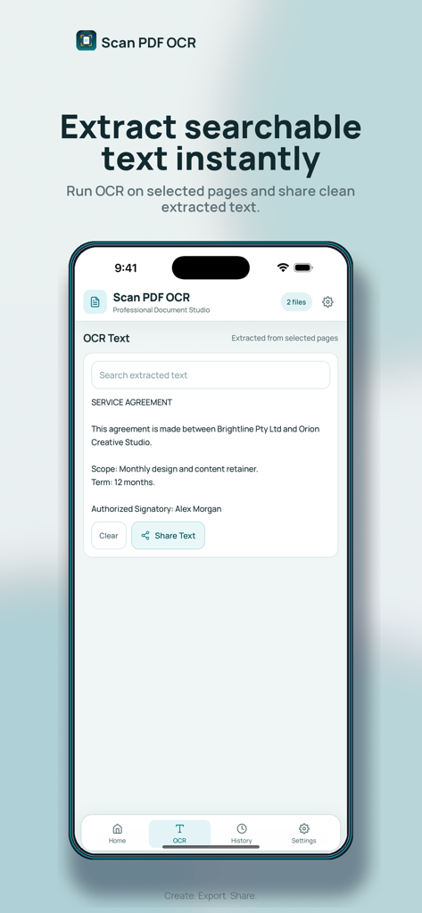 Scan PDF: OCR & Doc Scanner - Scan PDF app interface showing extracted text from a service agreement on an iPhone screen.