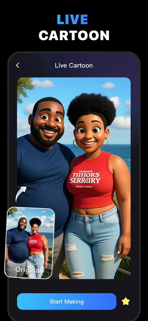 MotionAI: AI Video Filter - Interfaz de la aplicación MotionAI que muestra una foto real de una pareja transformada a un estilo de dibujos animados en 3D.