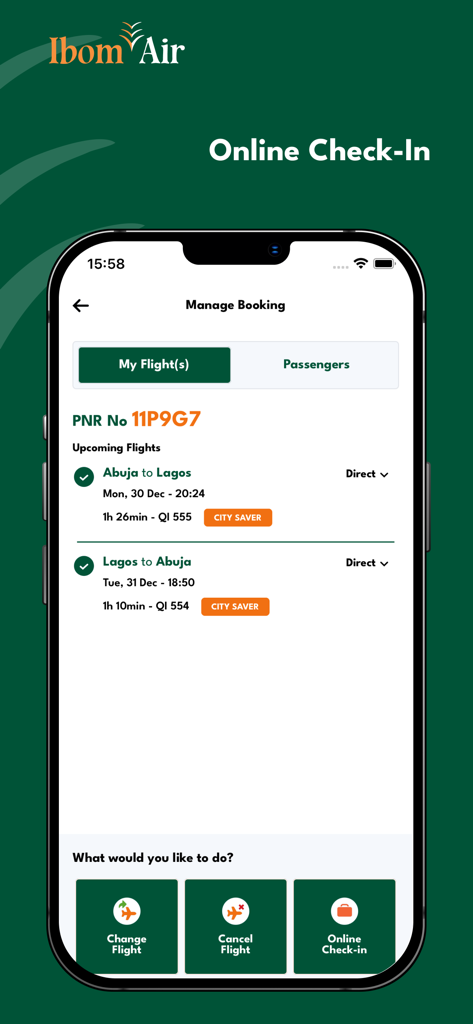 Interfaccia dell'app mobile Ibom Air che mostra la schermata di gestione prenotazioni con opzioni di check-in online