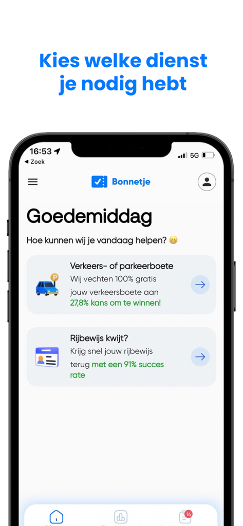 Bonnetje app home screen displaying legal service categories for traffic fines and license recovery
