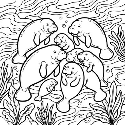 Explore a charming underwater scene with our manatee herds coloring page, specially designed for toddlers. Its thick lines and large shapes make it perfect for developing fine motor skills and sparking creativity.