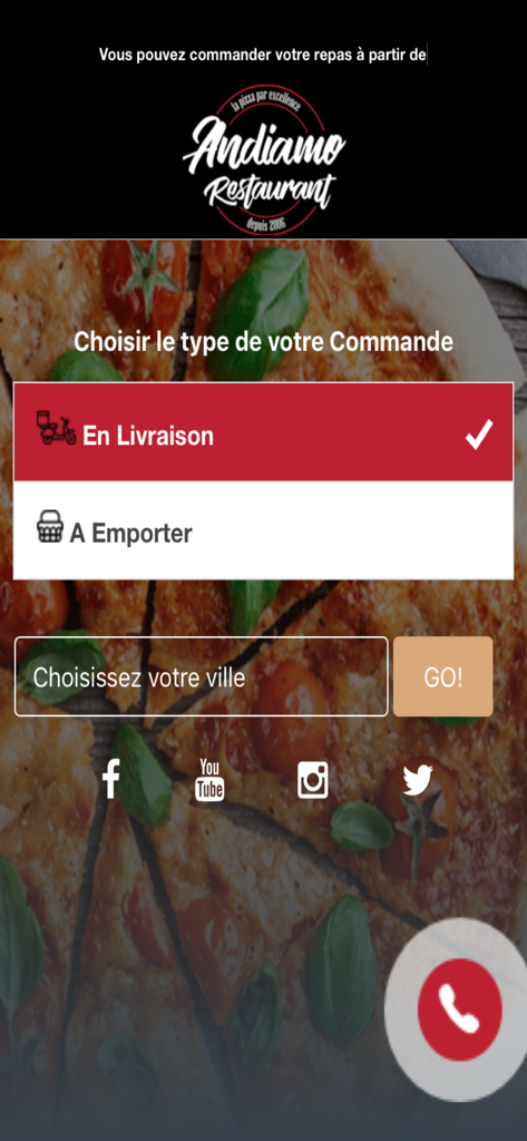 Interface de l'application Andiamo Restaurant pour les commandes de livraison et à emporter.