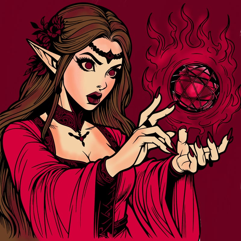 realistic scary beautiful elf sorcerer casting a spell