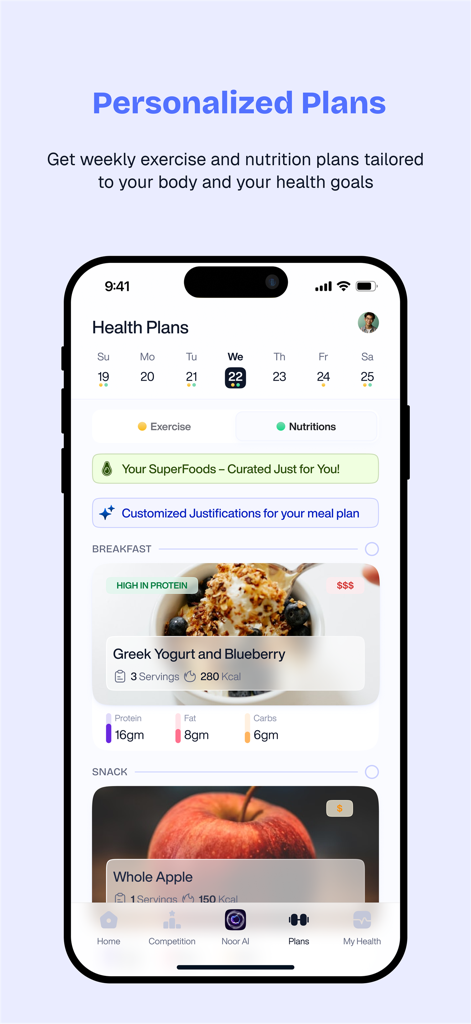 Byte+ - Byte plus app interface showing personalized nutrition and exercise plans with a daily meal log for breakfast