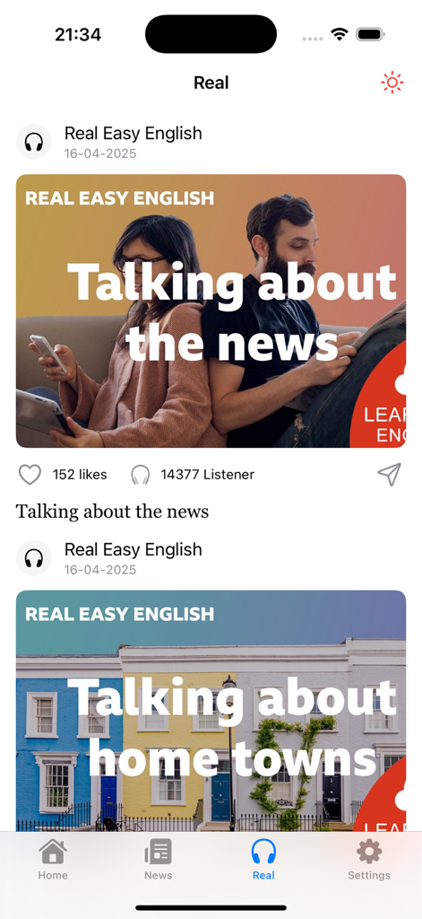 Learning English: Podcast - English learning podcast app interface showing audio lessons on news and hometowns