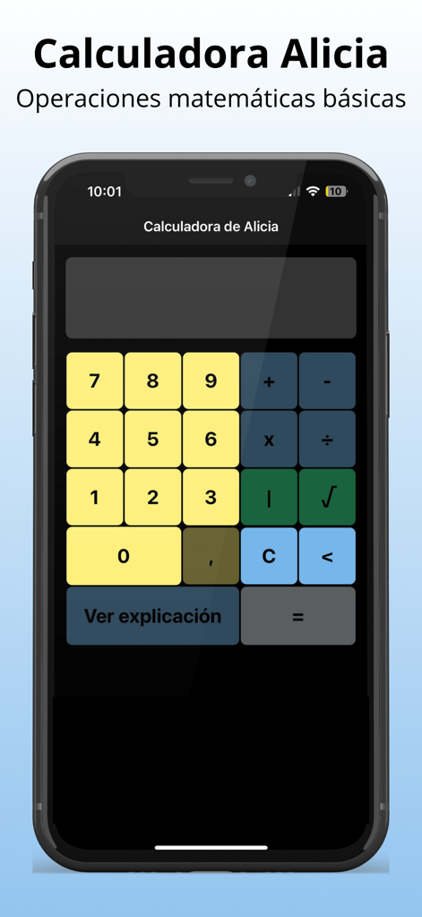 Calculadora de Alicia - Interfaz de la aplicación móvil Calculadora de Alicia que muestra un teclado colorido para operaciones matemáticas básicas y un botón para explicaciones paso a paso.