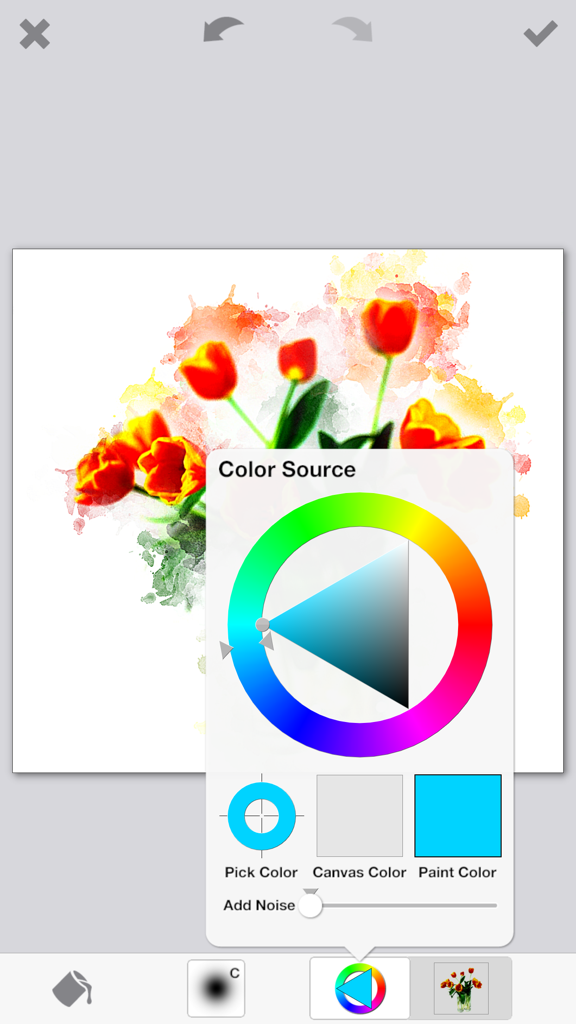 PhotoViva - Paintings from your photos! - Color source picker wheel over a digital painting of red tulips in the PhotoViva app
