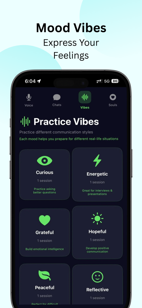 Chimi chat - Interface of Chimi Chat app showing communication practice modes like curious energetic and grateful