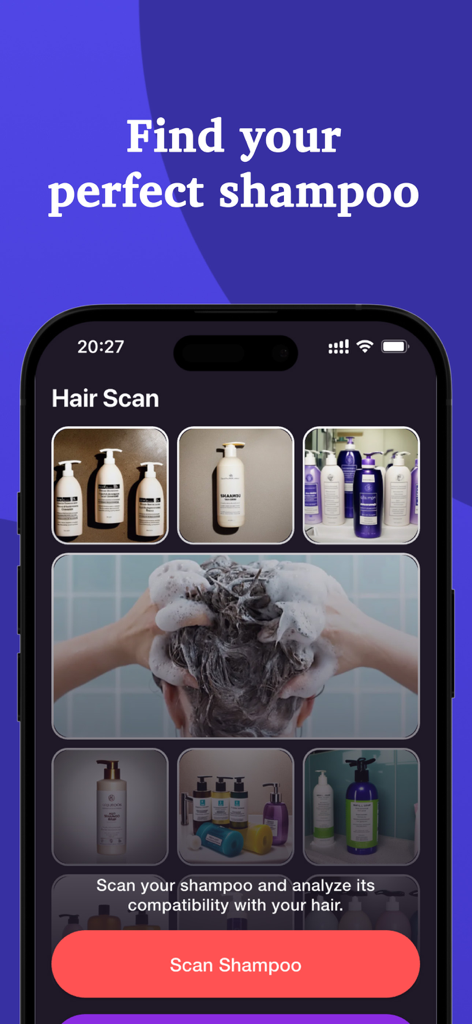 Hair Scan - Hair Snap Health - Hair Scan app interface for scanning shampoo bottles to find the perfect match