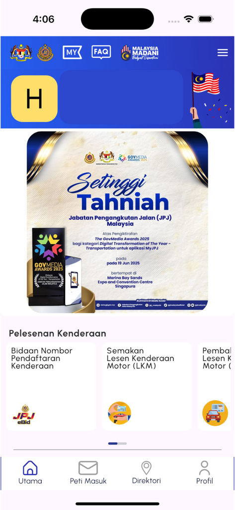 Home screen of the MyJPJ app displaying vehicle licensing options and official announcements