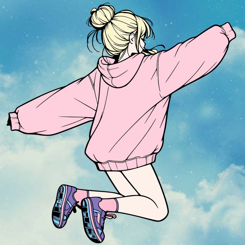 realistic girl jumping with a bun and oversized sweatshirt