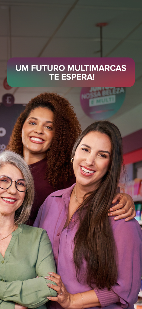 Three smiling women of different ages representing the Revendedores Grupo Boticario community under a banner that reads A multi-brand future awaits you