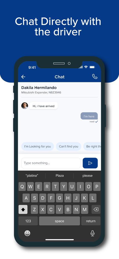 PeekUp app interface showing the direct chat feature between a passenger and a driver.