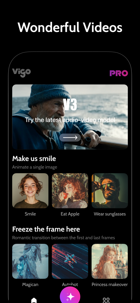 Vigo-AI Video Creator - Vigo AI Video Creator mobile app interface showing various AI animation styles and video generation features