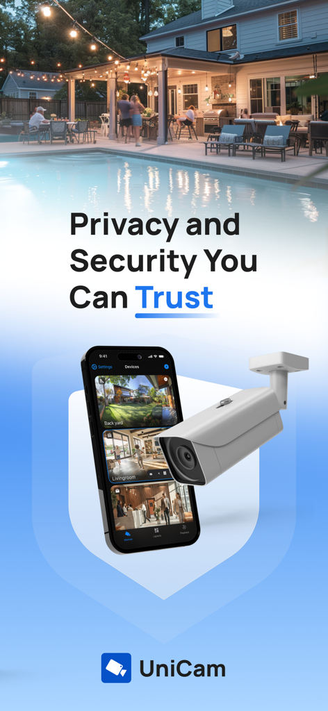 UniCam app on an iPhone displaying multiple security camera feeds for home monitoring