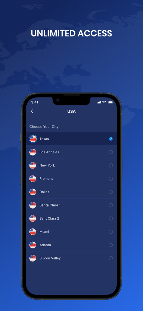 VPN Fast Smart & Secure Proxy - iPhone screenshot of VPN Fast Smart and Secure Proxy showing a list of available US server locations including New York and Los Angeles