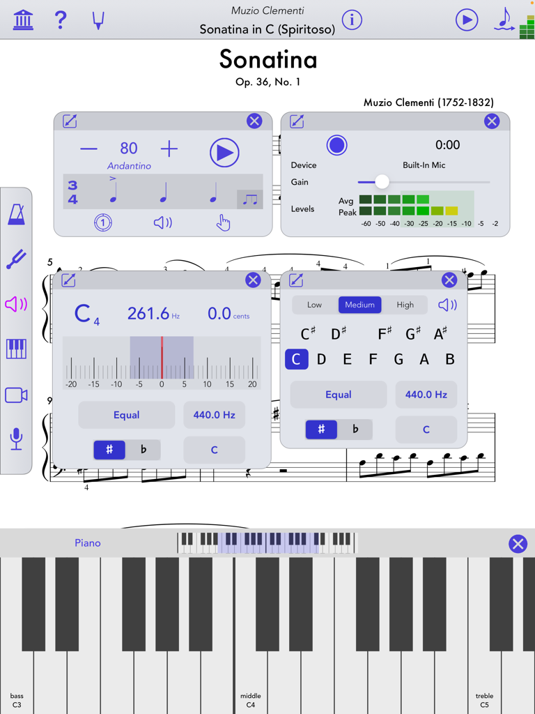 KeyScore iPad app showing sheet music with metronome tuner and recorder tools
