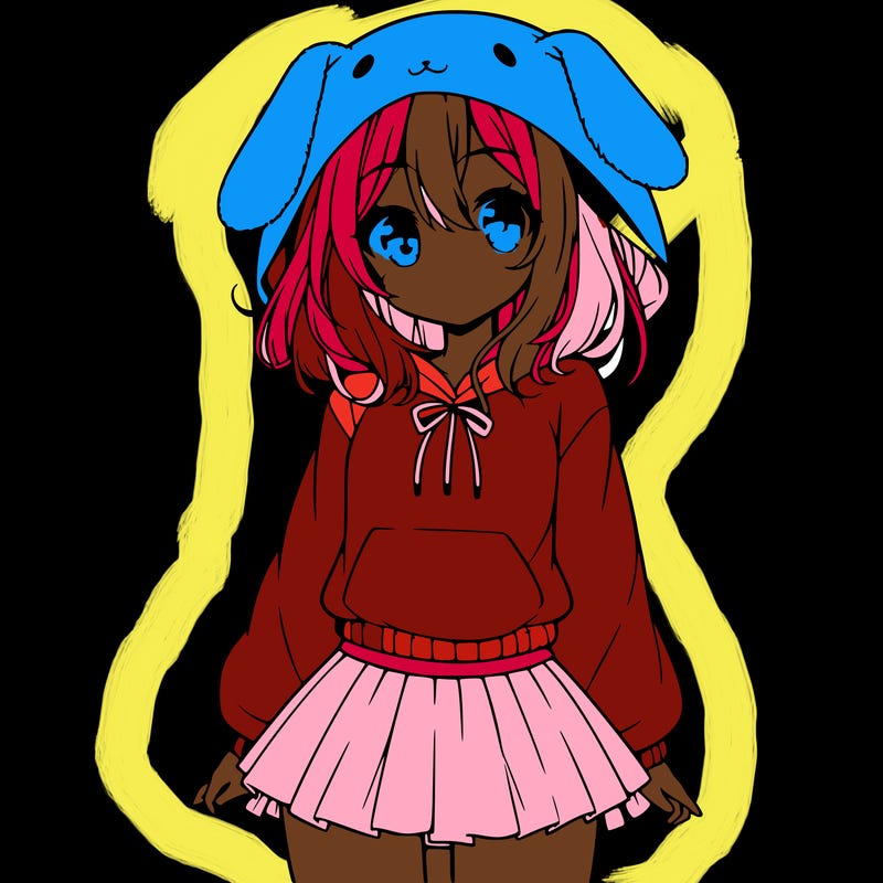 pretty anime girl wearing a fluffy hoodie with bunny ears on the hood and a skirt