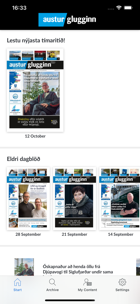 Austurglugginn/Austurfrétt - Austurglugginn app home screen showing the latest and older digital newspaper editions