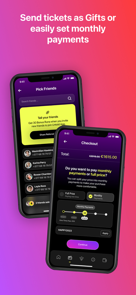 Untold - Untold Festival app screens showing ticket gifting options and monthly payment plans at checkout