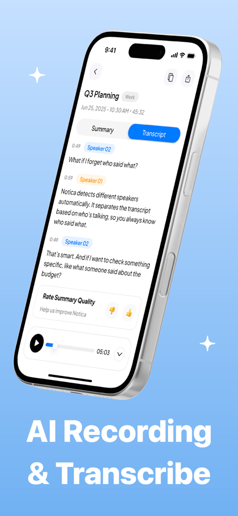 Notica - AI Meeting Notes - Interface de l'application Notica affichant une transcription de réunion avec identification des intervenants