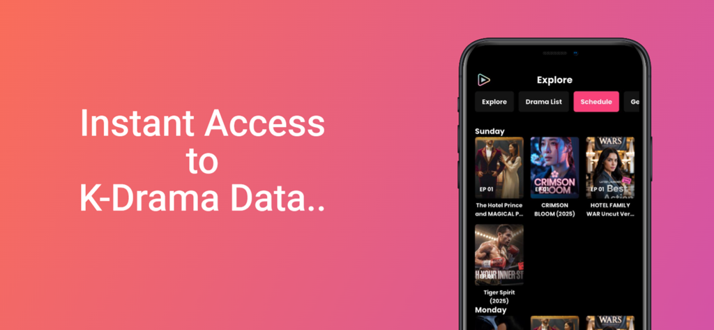 DramaPlay app interface showing the K-Drama weekly airing schedule