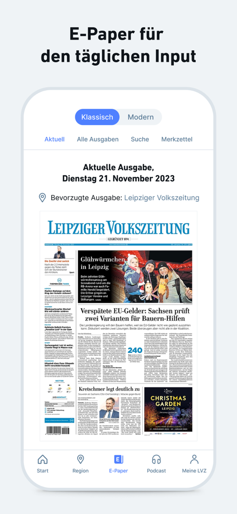 LVZ - Nachrichten und Podcast - Interface of the LVZ app showing a digital newspaper page of Leipziger Volkszeitung.