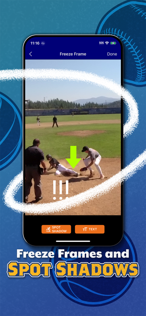 MatchCut Highlight Reel Maker - A mobile app interface showing a baseball game freeze frame with a green arrow and spot shadow tool for sports recruitment reels