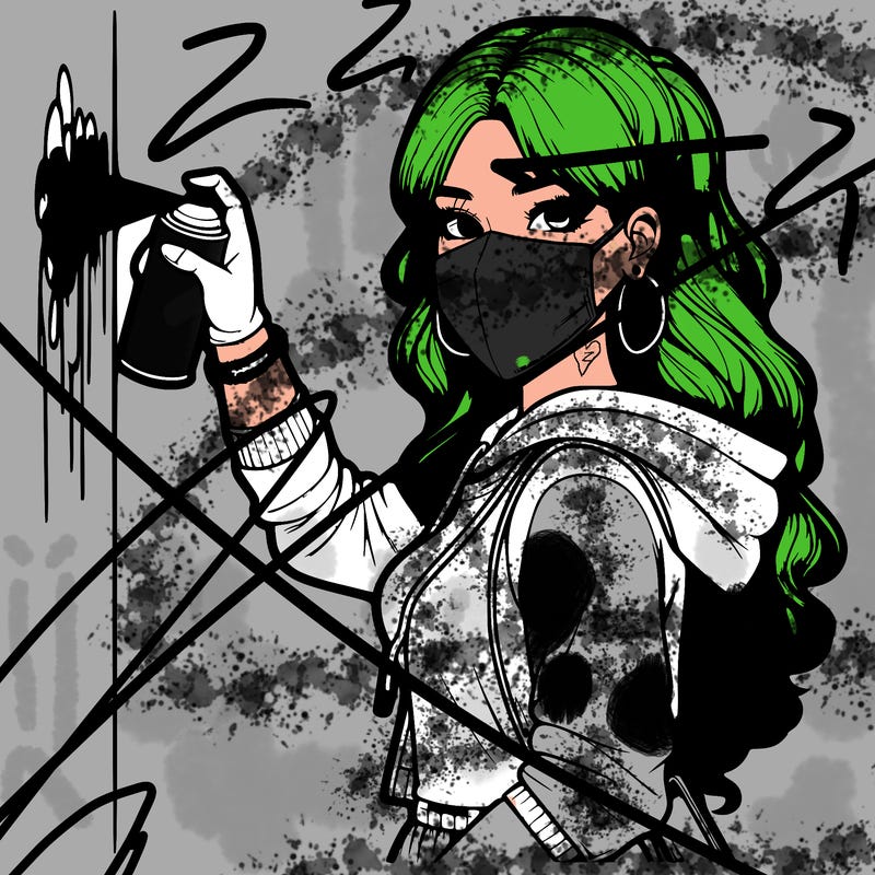 realistic girl with mask spray painting a wall