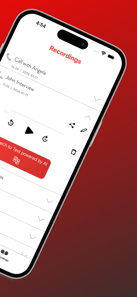Tela do iPhone exibindo a lista de gravações e o recurso de transcrição por IA do aplicativo Gravador de Chamadas Telefônicas Plus