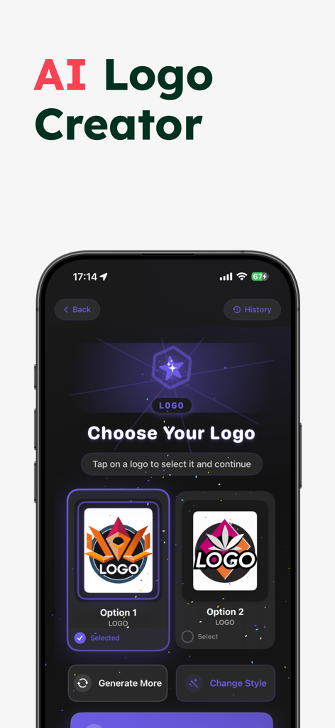 AI Logo & Design Creator - Un smartphone mostrando la interfaz de la aplicación AI Logo Creator donde los usuarios pueden elegir entre los diseños de logo generados.