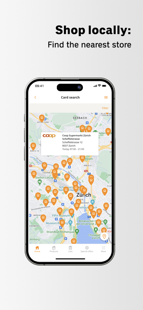 Ein Smartphone, das die Store-Locator-Funktion der Coop Supermarkt App mit einer Karte von Zürich und Markierungen für Geschäftsstandorte zeigt.