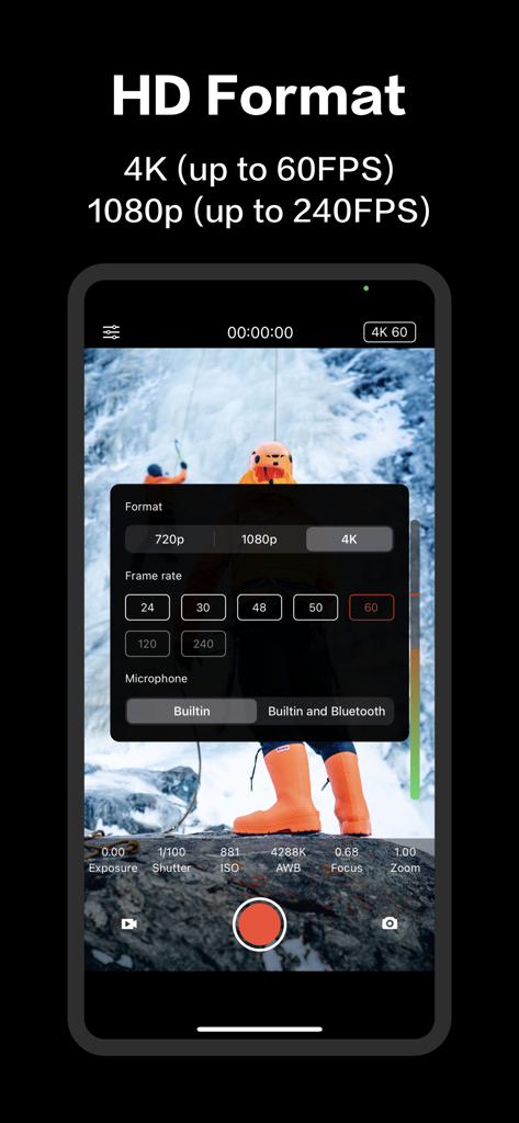 Deep Movie pro camera app interface showing 4K 60FPS and high frame rate settings menu