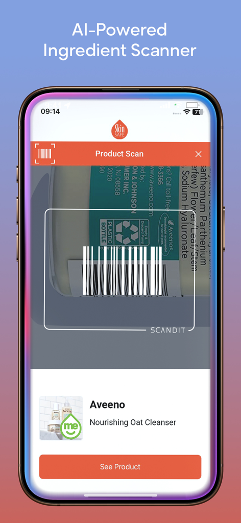 SkinSAFE: AI Skincare Scanner - SkinSAFE app scanning a product barcode to check ingredient compatibility and safety