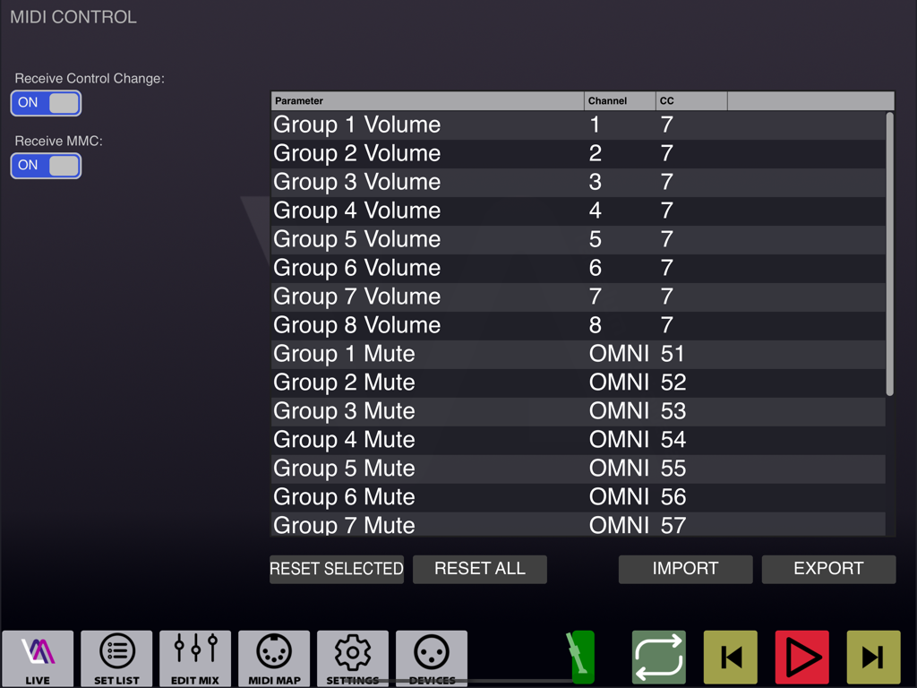 Live Multitrack 2 - Interfaz de configuración de control y mapeo MIDI para Live Multitrack 2
