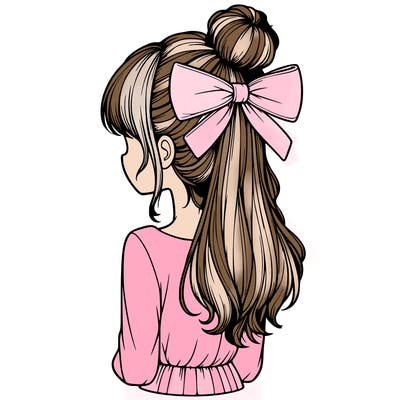 realistic girl  with hip length hair a bun and a big bow on the back of head