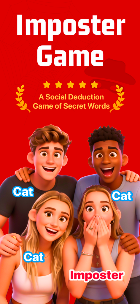 Imposter Spy Game - WhoIsSpy - Cuatro adultos jóvenes jugando al juego de deducción social WhoIsSpy con un jugador identificado como el impostor