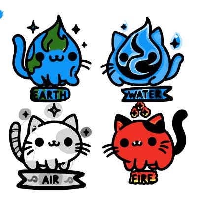 4 cats that represent the different elements, earth, water, air, and fire