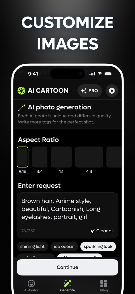 AI Cartoon Effect Anime Maker - Interfaz de generación de fotos con IA con selección de relación de aspecto y mensaje de texto para crear arte de estilo anime.