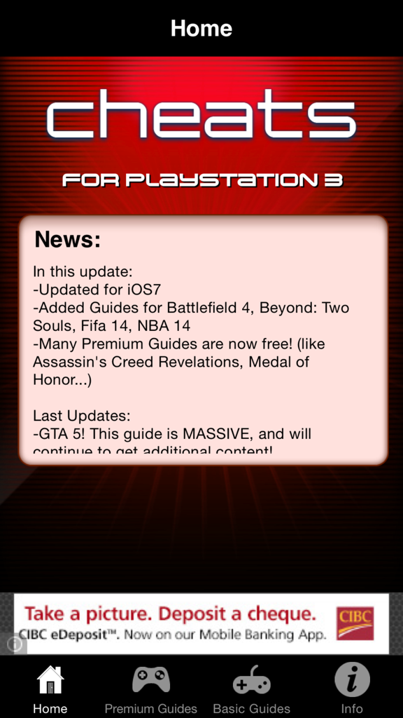 Pantalla de inicio de la aplicación Trucos para Juegos de PS3 mostrando noticias de actualización para guías de juegos como GTA 5.