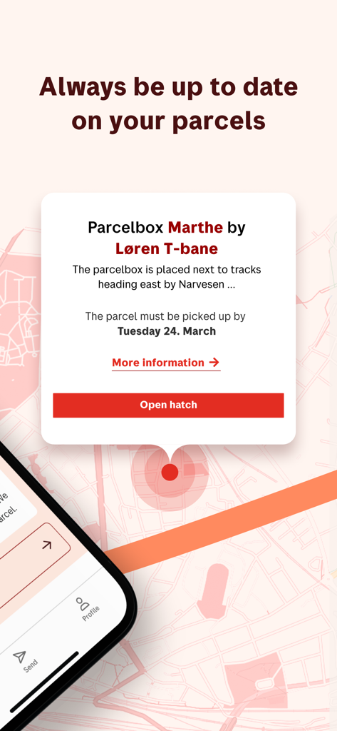Posten app map interface showing parcel locker location and open hatch button