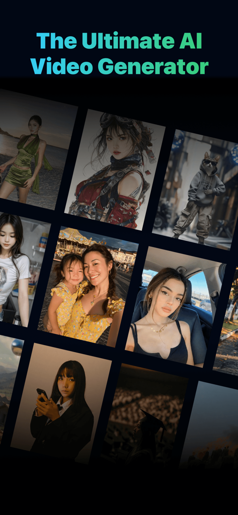 Sizzling - Interface do aplicativo Sizzling AI mostrando uma grade de diversos retratos gerados por IA e o texto O Gerador de Vídeo de IA Definitivo